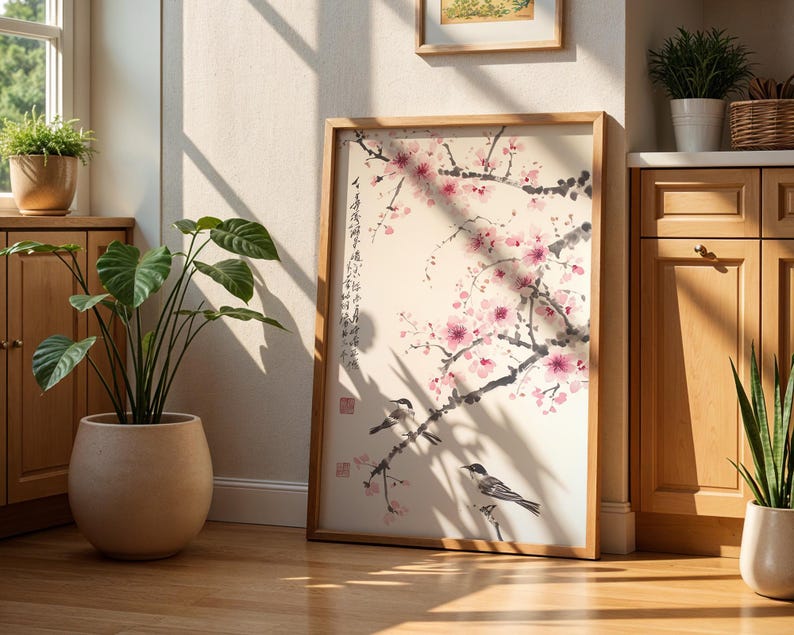 Kirschblüten-Wandbild, asiatischer Tuschedruck, Vogel- und Blumenmotiv, minimalistische japanische Dekoration Bild 9