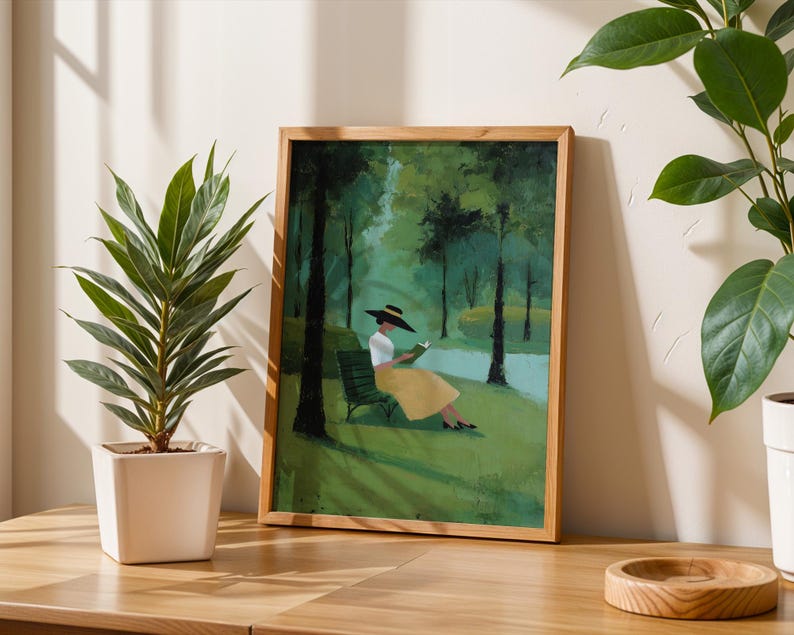 Woman Reading in Park Wall Art, Impressionist Landscape Print, Quiet Luxury Decor, Book Lover Artwork, Serene Nature Wall Art image 9
