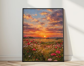 Impressionist Sunset Wildflower Meadow Poster - Vibrant Landscape Wall Art for Living Room - Serene Nature Print Gift for Home Decor