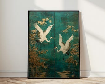 Japanisches Kranich-Wandbild, Bambusvogel-Print, asiatisch inspirierte Dekoration in Türkis und Gold, elegantes Naturkunstwerk