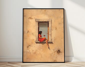 Woman in Red Dress Wall Art, Abstract Painting, Home Decor, Modern Art Print, Sitting Girl, Colorful Artwork, Contemporary Decor