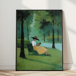 Woman Reading in Park Wall Art, Impressionist Landscape Print, Quiet Luxury Decor, Book Lover Artwork, Serene Nature Wall Art image 1