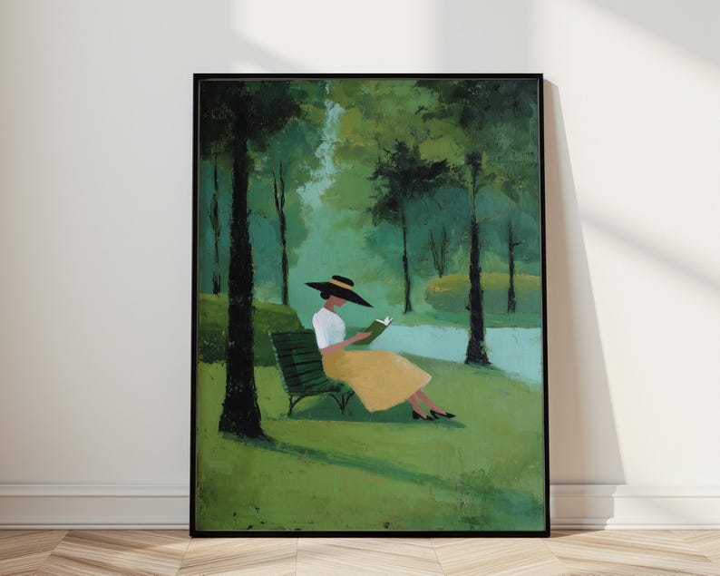 Woman Reading in Park Wall Art, Impressionist Landscape Print, Quiet Luxury Decor, Book Lover Artwork, Serene Nature Wall Art image 1