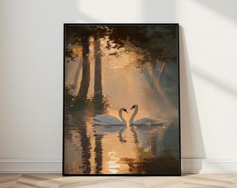 Elegant Swan Lake Poster - Romantic Golden Forest Wall Art - Ethereal Nature Print for Bedroom - Timeless Anniversary Gift Decor