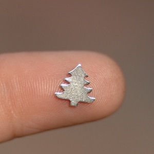 Pode incluir: Um pequeno recorte de árvore de Natal prateado coberto de glitter.