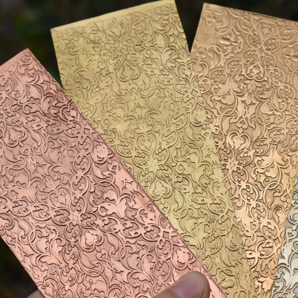 Pure Copper, Brass, or Bronze Textured Metal Sheet Floral Art Deco Pattern 20g 22g 24g - 6 x 2 1/4 inch