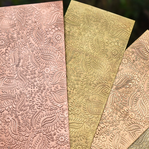 Pure Copper, Brass, or Bronze Textured Metal Sheet Batik Paisley Pattern 20g 22g 24g - 6 x 2 1/4 inch