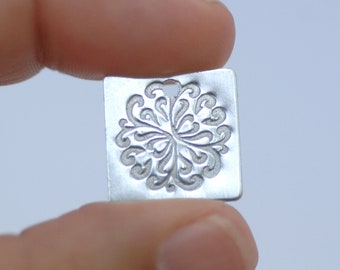 Square shaped metal charms with holes, Sterling silver, stamped with victorian floral flourish design