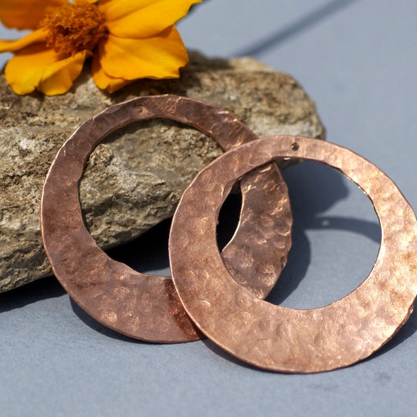 Handmade Copper hand hammered blanks, Round Hoops with Hole 40mm 26G for Earrings or Pendant - 2 Pieces