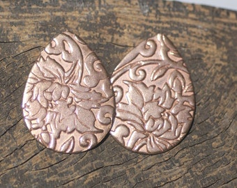 Copper Blanks - Teardrop Shaped w/ Lotus Flower Pattern 20mm x 27mm