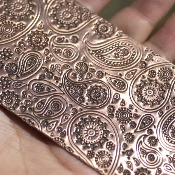 Copper Textured Metal Sheet  Paisley Pattern 22g - 6 x 2 1/4 inches - Bracelets Pendants Metalwork