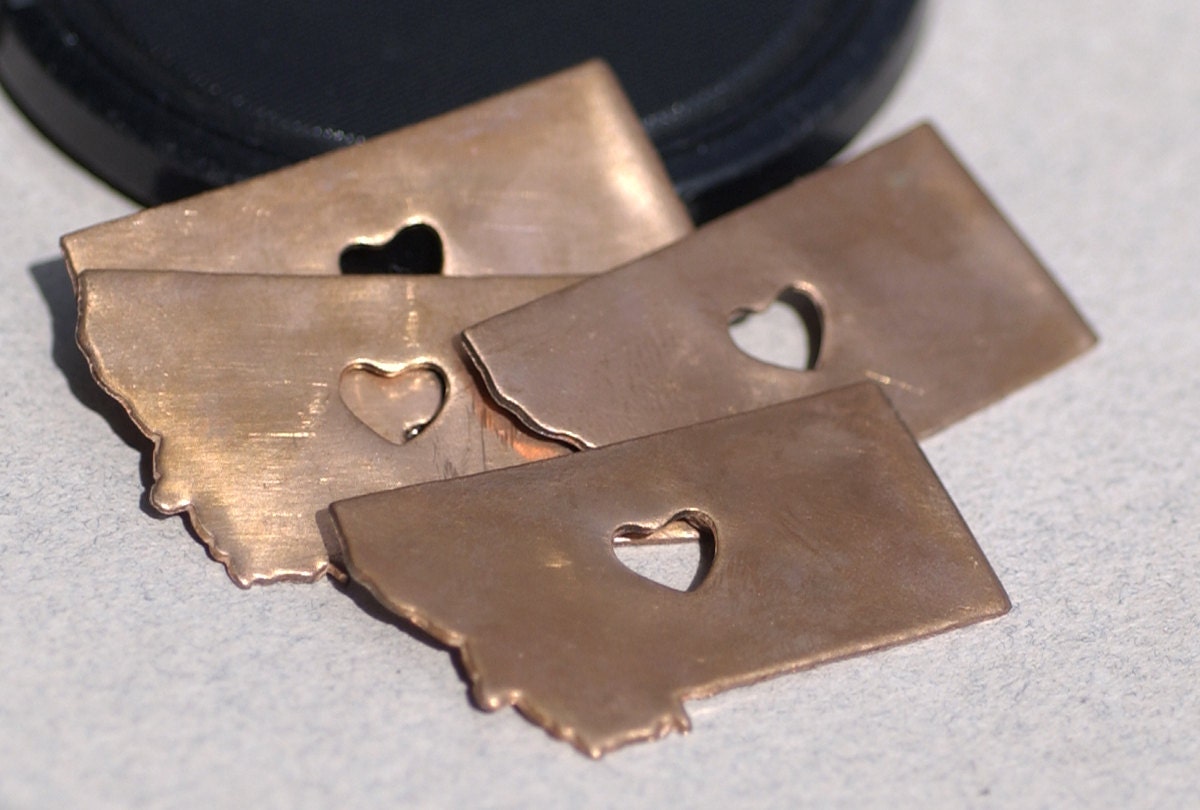 Copper or Bronze or Brass Montana State with Heart Chubby Blanks Cutout for Metalworking Stamping Texturing Blank - 4 pieces