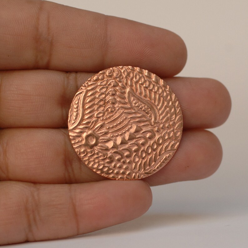 Solid copper round disc shape w/ batik flower and leaf texture | Etsy