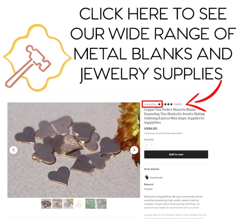 K&ouml;nnte beinhalten: Nahaufnahme eines Stapels kleiner kupferfarbener Herz-f&ouml;rmiger Metallrohlinge. Die Produktbeschreibung lautet "Copper Tiny Perfect Heart for Blanks Enameling Tiny Blanks for Jewelry Making Soldering 8 pieces Mini shape. Supplies by SupplyDiva 4,00 US$"