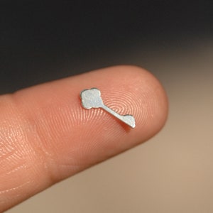 May include: A small, silver-colored key-shaped metal piece is resting on a finger.