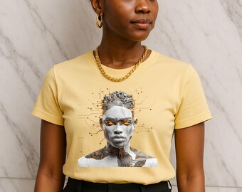 May include: A light yellow t-shirt featuring a futuristic portrait with glowing orange eyes and circuit-like patterns. The person in the image is wearing a gold chain and hoop earrings, and black pants. The background is a marble wall.