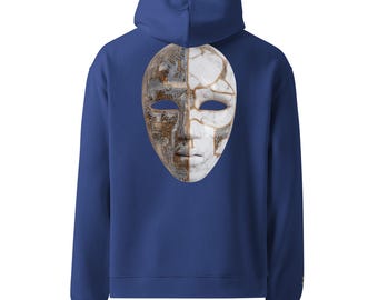 Peut inclure: Un sweat à capuche bleu roi avec un motif de masque unique au dos. Le masque est divisé verticalement, un côté ressemblant à un circuit imprimé et l'autre à une texture de marbre fissuré. Le sweat à capuche a une capuche et des manches longues.