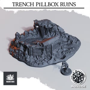 Ruined trench pillbox, damaged round bunker, large battlefield terrain ruins, collapsed concrete cover, destroyed grimdark rubble scenery
