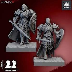 Peut inclure: Deux figurines grises d'un guerrier en armure, tenant une épée et un bouclier. Les figurines sont sur une base rectangulaire de 25 mm x 25 mm et mesurent 35 mm de haut. L'armure présente des détails de crâne et des chaînes.