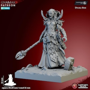 May include: A detailed grey miniature figure of a female fantasy character, holding a staff and wearing ornate armour and a flowing gown. The figure stands on a base that is 30x30 mm square or 32 mm round. The figure is 32 mm tall.