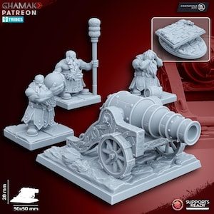 Peut inclure: Un ensemble de figurines miniatures imprimées en 3D représentant un canon et quatre nains. Le canon est sur une base avec une surface texturée. Les nains tiennent divers objets, dont un boulet de canon, un drapeau et un marteau. L'ensemble est compatible avec One Page Rules.