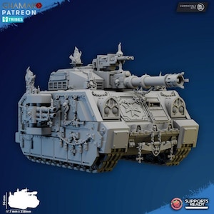 May include: A detailed, grey model tank with intricate designs and weaponry. The tank features a long barrel, multiple turrets, and decorative elements. The image includes the text "GHAMAKO PATREON TRIBES" and dimensions of 11.7cm x 25.8cm.