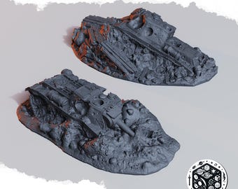 Tank Wreck for Wargaming, destroyed burnt out tank, buried armoured fighting vehicle, grimdark scenery, battlefield terrain