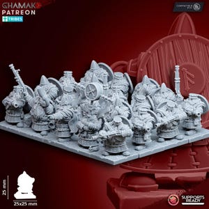 May include: A group of miniature grey dwarf figurines, each holding weapons and shields. The figures are displayed on a rectangular base, with a large wooden shield in the background. The image includes the text "GHAMAK PATREON TRIBES". The base measures 25x25 mm.