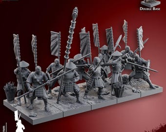 Samurai Warriors, peasant infantry,  ashigaru with yari and naginata, old world proxy, spear halberd miniatures, ninja warriors
