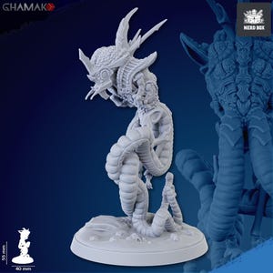 May include: A detailed, light gray miniature of a creature with a segmented body, insectoid head, and multiple appendages. The figure is approximately 2.16 inches tall and 1.57 inches wide, mounted on a circular base. The miniature is a fantasy or sci-fi themed collectible.