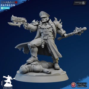 Könnte beinhalten: Graue Miniaturfigur einer skelettartigen Figur in Militäruniform, die eine Waffe und eine Keule hält. Die Figur steht auf einer gefallenen Figur. Die Figur ist 32 mm x 32 mm groß.