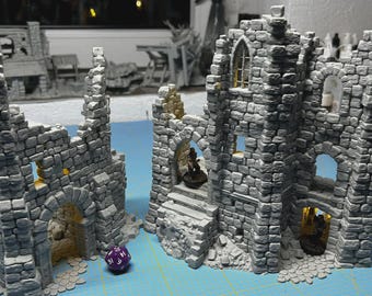 Ruined tower, damaged lookout, destroyed medieval castle, collapsed ruin, fantasy village, terrain and scenery for town