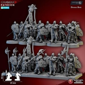 May include: A collection of miniature fantasy figures, including warriors with swords, shields, and armor. The figures are on a double base, with the text "Double Base" visible. The image also includes the text "GHAMAK PATREON TRIBES".