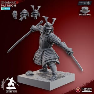 May include: A grey 3D printed miniature of a samurai warrior holding a katana sword. The miniature is standing on a square base with a grassy texture. The miniature is 28 mm tall and the base is 25 mm x 25 mm. The miniature is compatible with a double base.