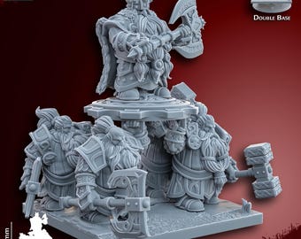 Dwarf lord on on shield, thane with shieldbearers,  old world proxy, dwarven hammer, 28mm 32mm miniature, king with axe, fantasy throng