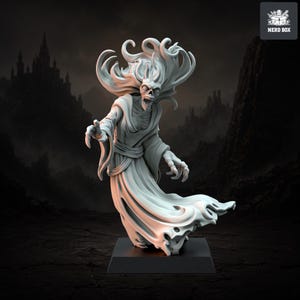 Pode incluir: Uma miniatura cinza-clara de um fantasma esquelético com cabelos esvoaçantes e vestes esfarrapadas, posicionado com os braços estendidos e a boca aberta. A figura está sobre uma base quadrada preta e apresenta o texto NERD BOX no canto.