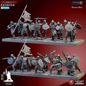 May include: Grey miniature figurines of skeleton warriors, armed with swords, shields, and spears, stand on a double base. Some figures hold tattered flags. The base measures 2.5 cm by 2.8 cm.