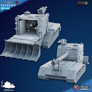 May include: Two gray, detailed miniature tank models. One has a large blade at the front, and the other has a long cannon. The models are 80mm x 200mm and 84mm tall. The image includes the text "CHAMAK PATREON TRIBES".