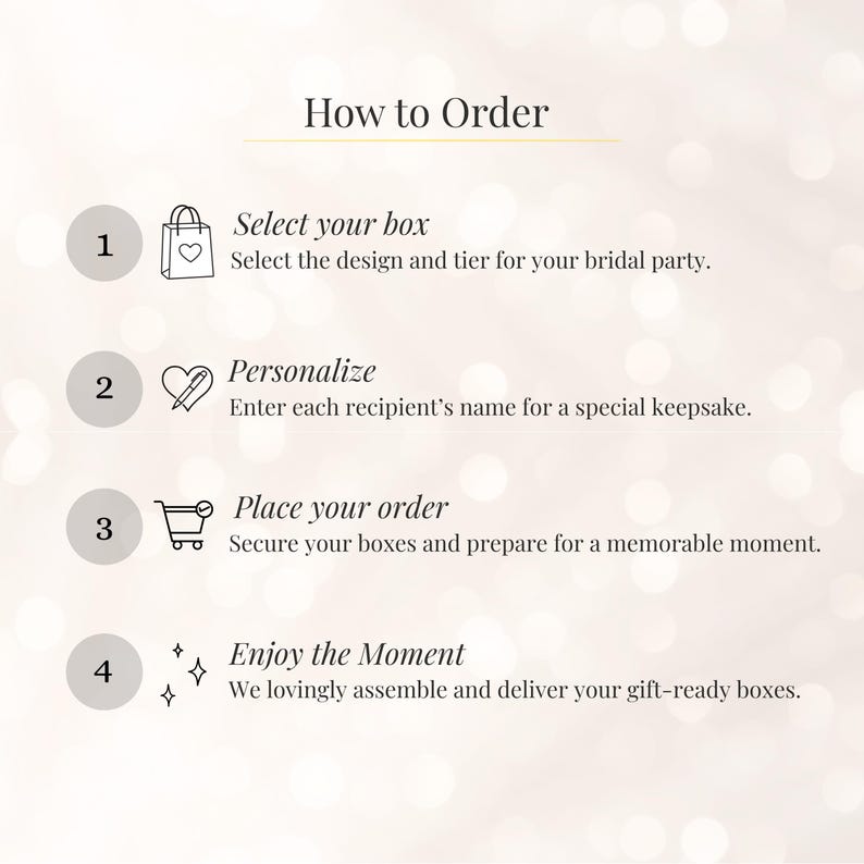 May include: An instructional graphic titled How to Order with four numbered steps. Step 1: Select your box, select the design and tier for your bridal party. Step 2: Personalize, enter each recipient's name. Step 3: Place your order. Step 4: Enjoy the Moment.