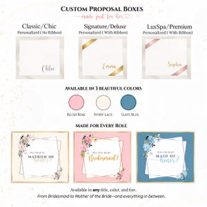 May include: Custom proposal boxes featuring three tiers: Classic/Chic without ribbon, Signature/Deluxe with ribbon, and LuxSpa/Premium with ribbon. Available in blush rose, ivory lace, and slate blue colors with floral designs for various wedding roles.