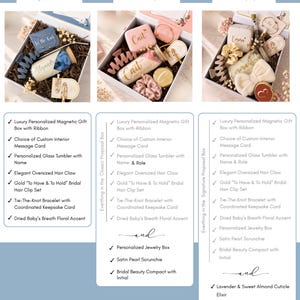 May include: A tier comparison chart displaying three gift box sets labeled Classic, Signature, and Lux Spa. Each box contains personalized items like glass tumblers, hair claws, jewelry boxes, scrunchies, and compact mirrors, with lists detailing the specific contents included in each proposal experience.