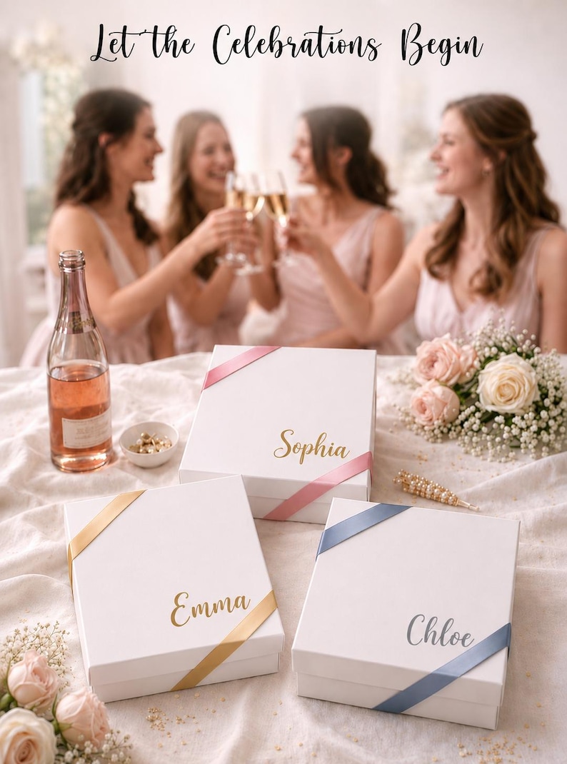 May include: Three white square gift boxes with satin ribbons in pink, gold, and blue. Each box features a name printed in gold or silver script: Sophia, Emma, and Chloe. The boxes are arranged on a white fabric surface with small floral accents.