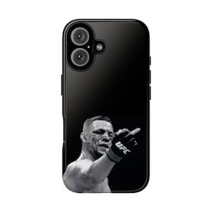 May include: Black phone case featuring a black and white image of a UFC fighter. The fighter is pointing with his right hand, wearing a UFC glove. The phone case has a glossy finish and a camera lens cutout.