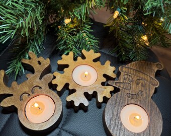 Wood Christmas Tea Light Holder, Snowman, Reindeer, Snowflake