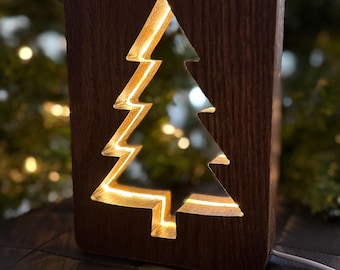 Wooden Christmas Tree Night Light – Handmade Oak Decor