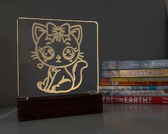Personalized Glow: Bespoke Acrylic Night Light on Walnut Stand for Kids' Spaces