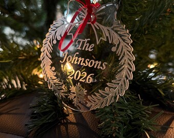Family Christmas Ornament — Custom Acrylic Wreath with Name & Year | Elegant Gift