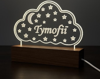 Personalized Kids Night Light: Engraved Name, Walnut Base