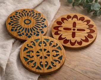Handmade White Oak Coasters with Epoxy Resin Inlay, Geometric Wood Coasters, Modern Home Decor,Housewarming gift
