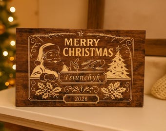 Personalized Christmas Wood Sign – Custom Family Name Plaque – Santa Engraved Aspen Wood – Holiday Decor 2025 2026 – Christmas Gift